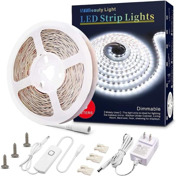 MY BEAUTY LIGHT White LED Strip Lights,16.4ft Dimmable LED Light Strip,12v Flexible LED Rope Lights Kits for Kitchen Cabinet Mirror Bedroom Party Decor