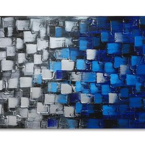 MyArton Textured Abstract Squares Canvas Wall Art Modern Dark Blue and Silver Oil Painting 100% Hand Painted 3D Effect Artwork Frame Ready to hang Decor for home and office...