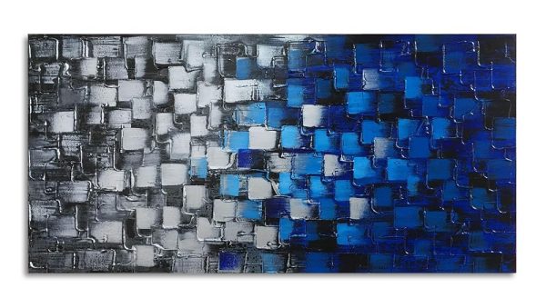 MyArton Textured Abstract Squares Canvas Wall Art Modern Dark Blue and Silver Oil Painting 100% Hand Painted 3D Effect Artwork Frame Ready to hang Decor for home and office...