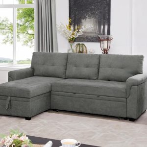 Naomi Home Jenny Sectional Sofa Sleeper with Storage Chaise, Tufted Pull Out Couch with Storage, Sectional Sofa Bed, L-Shaped Reversible Sleeper Sofa with Storage, Gray,Velvet