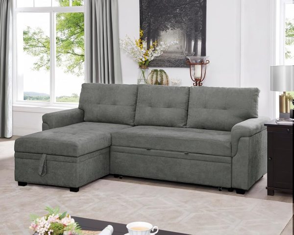 Naomi Home Jenny Sectional Sofa Sleeper with Storage Chaise, Tufted Pull Out Couch with Storage, Sectional Sofa Bed, L-Shaped Reversible Sleeper Sofa with Storage, Gray,Velvet