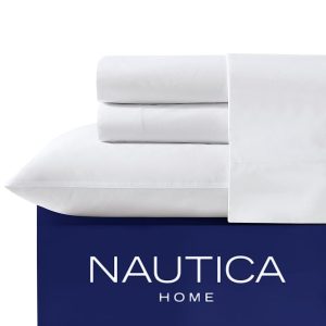 Nautica - Twin XL Sheet Set, Cotton Percale Bedding Set, Crisp & Cool, Dorm Room Essentials (Solid White, Twin XL)