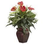 Nearly Natural Mixed Greens & Anthurium with Decorative Vase Silk Plant