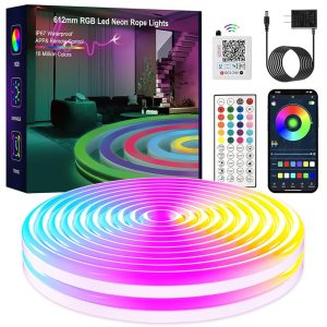 Neon Strip Lights,20FT RGB LED Strip Lights,with Remote Control/APP Control,Music Sync,IP67 Waterproof LED Rope Lights,Cuttable,for Bedroom,Gaming,Party,Outdoors Decor