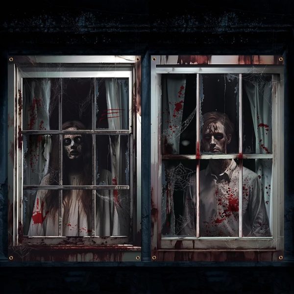 Newwiee 2 Pcs Scary Halloween Curtain Halloween Window Silhouette Decoration Blood Halloween Window Cover Horror Halloween Theme Window Poster for Indoor Outdoor Party Wall Door...