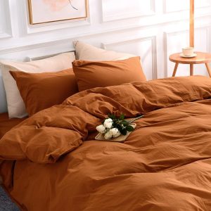 NEXHOME PRO Terracotta Burnt Orange Duvet Cover Set Queen Size Linen Textured Organic Natural 100% Washed Cotton Duvet Cover Caramel 3 Pieces Bedding Set with Zipper Closure...