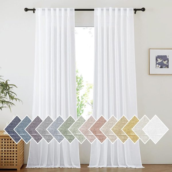 NICETOWN Sheer Linen Curtains for Living Room, Rod Pocket & Back Tab Semi Sheer Drapes Privacy Semitransparent Faux Flax Open Linen Panels for Study Room, W52 x L95, White, 1 Pair