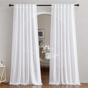 NICETOWN White Linen Sheer Curtains and Drapes 84 inches Long, Rod Pocket & Back Tab semitransparent with Light Through Vertical Window Treatments for Sliding Glass Door &...