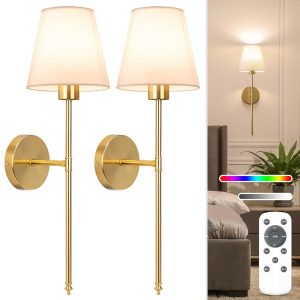 NIORSUN Battery Operated Wall Sconce Set of 2,Gold Rechargeable Wall Lights with 5200mAh Dimmable Detachable Bulbs and Remote,10 Colors Wireless Sconces for Bedroom Living Room...