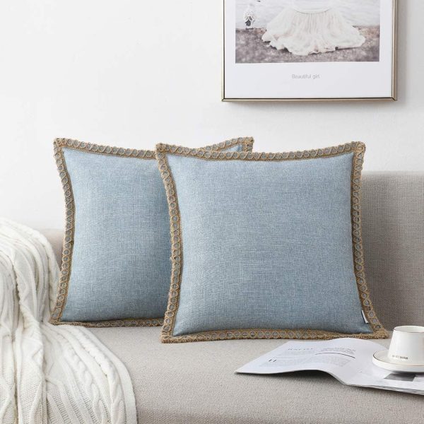 NordECO HOME Set of 2 Farmhouse Throw Pillow Covers - Burlap Linen Trimmed Tailored Edges Decorative Cushion Covers for Bed Home Decoration, 18 x 18, Light Blue