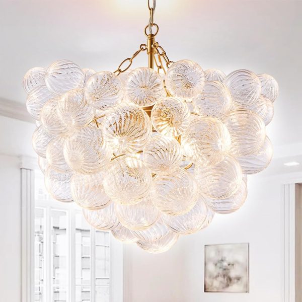 Nordic Bubble Ball Swirled Glass Chandelier, Dia 20 inch Gild Gold and Clear Blown Glass Small Pendant Light Fixture for Bedroom Study Restaurant