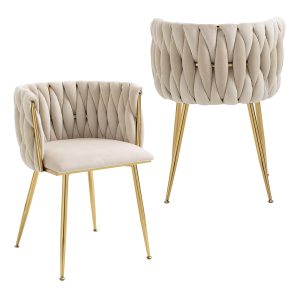 Nrizc Velvet Dining Chairs Set of 2, Woven Upholstered Dining Chairs with Gold Metal Legs, Modern Accent Chairs for Living Room, Dining Room, Kitchen