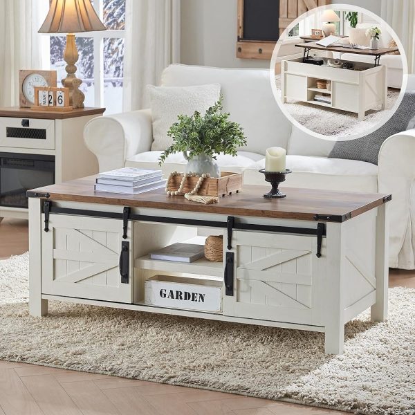 OKD 48" Farmhouse Lift Top Coffee Table with Sliding Barn Door,Rustic Center Table with Hidden Storage Compartment,Lifting Tabletop and Adjustable Shelf for Living...