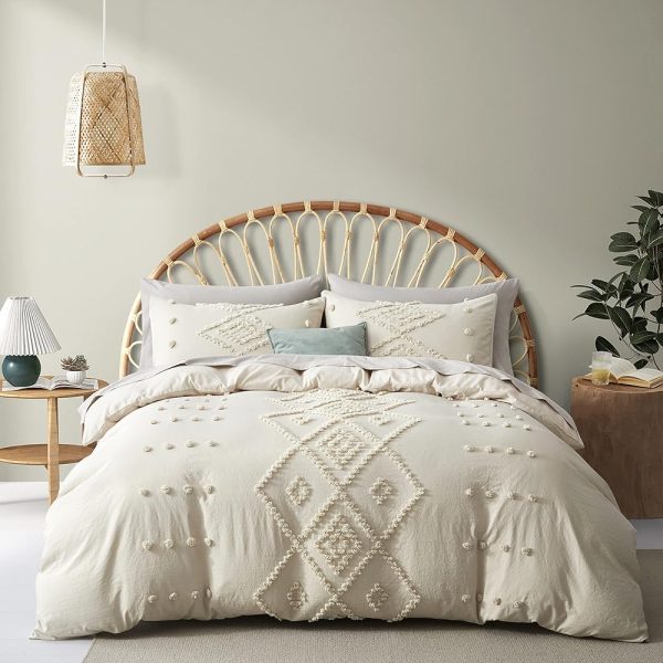 Oli Anderson Tufted Duvet Cover Queen Size, Soft and Lightweight Duvet Covers Set for All Seasons, 3 Pieces Boho Embroidery Shabby Chic Bedding Set (Beige, Queen, 90" x 90")