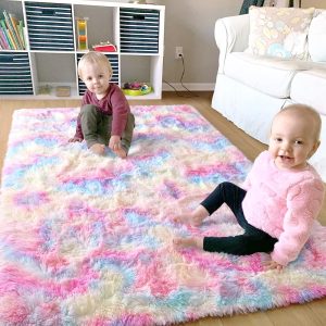 Ompaa Soft Fluffy Rainbow Kids Rug for Girls Bedroom Carpets, 4x6 Feet, Pastel Unicorn Room Decor, Kawaii Tie Dye Rugs for Teens Dorm Aesthetic, Shaggy Nursery Area Rug for Baby...