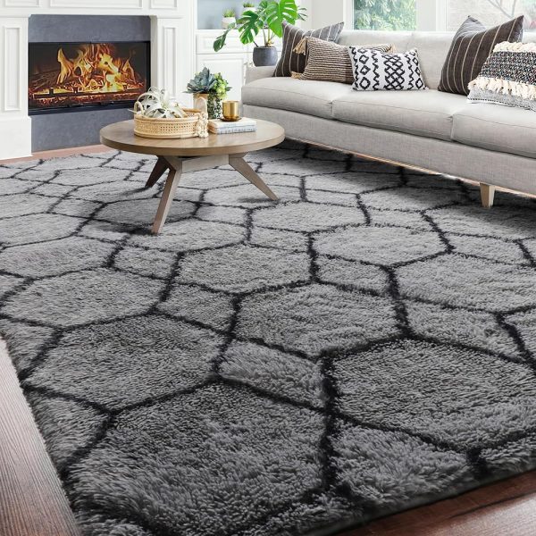 ONASAR Large Modern Area Rug for Living Room Bedroom, 6x9 Floor Rug, Grey and Black Rug, Moroccan Geometric Shag Rug for Office, Playroom, Kids Room, Fluffy Plush Fuzzy Rug, Big...