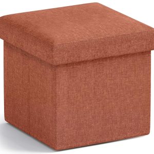 Ornavo Home Small Storage Ottoman Foldable Collapsible Cube Square Linen Ottoman Foot Rest Stool Seat, for Living Room, Bedroom, Home Office, Dorm - 12 x 12 x 12, Rust Orange