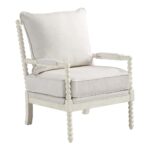 OSP Home Furnishings Kaylee Spindle Accent Chair with Antique Wood Frame, 26.5” W x 32.25” D x 37” H, White Linen Fabric