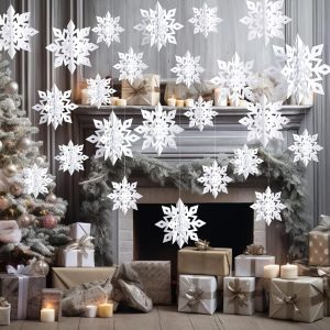 OuMuaMua Winter Christmas Snowflake Decorations Indoor, 24PCS 3D White Snowflakes Hanging Ornaments for Home Xmas Christmas Holiday Winter Wonderland New Year Party Decorations