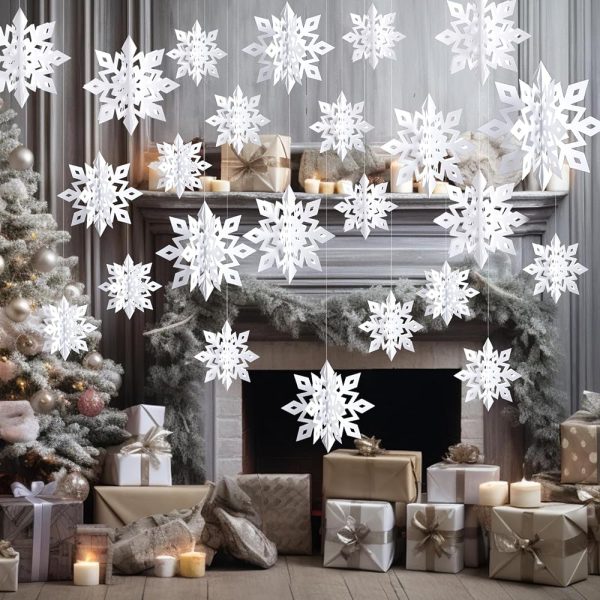 OuMuaMua Winter Christmas Snowflake Decorations Indoor, 24PCS 3D White Snowflakes Hanging Ornaments for Home Xmas Christmas Holiday Winter Wonderland New Year Party Decorations