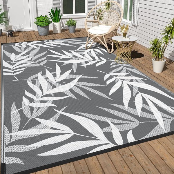 Outdoor Plastic Straw Rug, Waterproof Outdoor Rug 5x8 ft, Reversible Patio Camping Rug, Indoor Outdoor Carpet, Large Area Mat for Outside RV, Balcony, Deck, Beach, Picnic, Black...