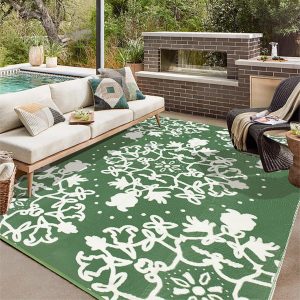 Outdoor Rug Reversible Mats Vintage Floral Plastic Straw Rug Waterproof Indoor Outdoor Rugs Large Portable Patio Carpet Floor Mat for Camping,RV,Backyard,Picnic,Balcony,Green &...