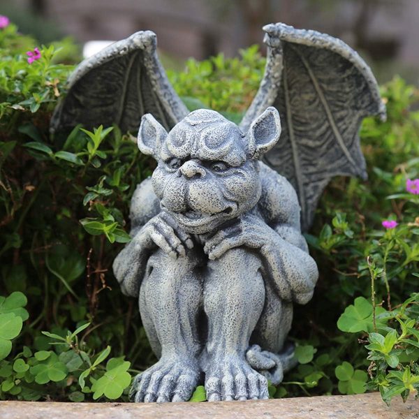 OwMell Gargoyle Statue Garden Guardian Sculpture Figurine Gothic Indoor Outdoor Garden Decor Statue, Sitting with Hands on Knees 7 Inch