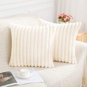 Pallene Faux Fur Plush Throw Pillow Covers 18x18 Set of 2 - Luxury Soft Fluffy Striped Decorative Pillow Covers for Sofa, Couch, Living Room - Cream White