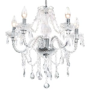 PAPAYA Crystal Chandeliers Clear Chandelier 5-Light Modern Pendant Ceiling Lighting Fixture with Acrylic Crystals & Beads for Girls Room,Living Room,Kitchen Island,Entryway