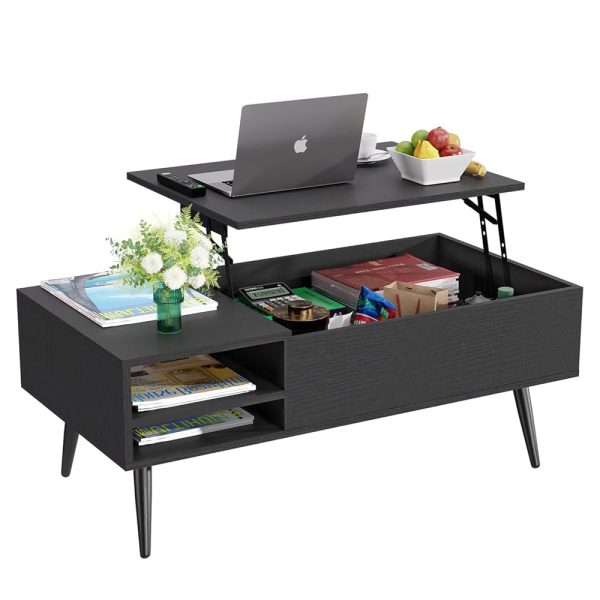 PayLessHere Lift Top Coffee Table with Adjustable Storage and Hidden Compartment Small Wood Coffee Table Center Table for Home Living Room Office Apartment Reception Room,Black