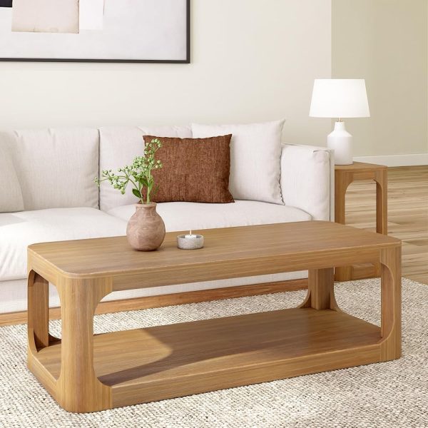 Plank+Beam Forma Coffee Table, Solid Wood 54 Inch Modern Coffee Table with Shelf, Contemporary Center Table with Storage Space, Rectangle Tea Table with Storage, Pecan