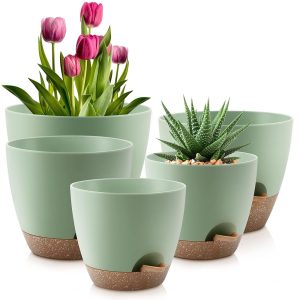 Plant Pots 10/9/8/7.5/7 Inch Self Watering Pots, Set of 5 Plastic Planters with Drainage Holes and Saucers,Plastic Flower Pots,Nursery Planting Pot for Indoor Out Door...