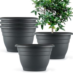 Plant Pots Set of 5, 10 Inch Round Flower Pots, Thickened Plant Planters with Drainage Holes, Garden Pots for Indoor Outdoor (Dark Gray)