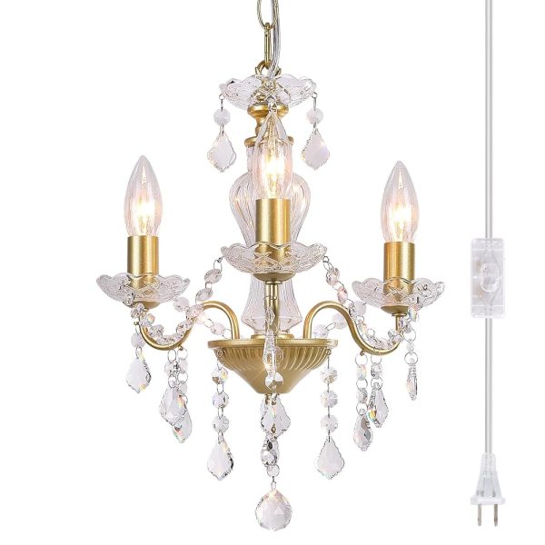 Plug in Modern 3-Light Gold Chandelier with Glass Crystals, Candle Style Pendant Light Fixtures for Living Room, Girls Room, Kitchen Island, Entryway