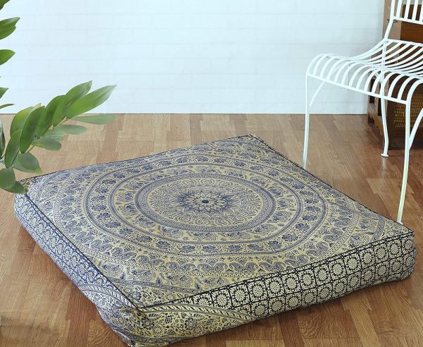 Popular Handicrafts Floor Pillow Cushion Cover - Hippie Elephant Mandala Square Ottoman Daybed Oversized Cotton Cushion Cover with Heavy Duty Zipper - Dog-Pets Bed, 35" Blue Gold