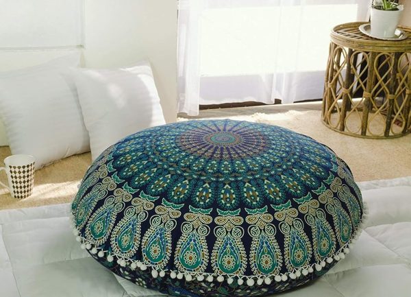 Popular Handicrafts Floor Pillow Cushion Cover - Hippie Mandala Cushion Cover Large with Pom Poms Soft Particles - Pouf Cover Round Bohemian Yoga Decor, 24" Blue Turqouise