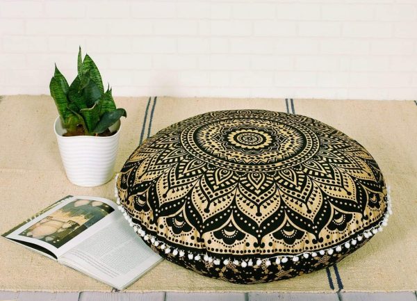 Popular Handicrafts Large Round Mandala Hippie Floor Pillow/Cushion Cover Ombre Pouf Shams Meditation Seating Ottoman Throw Cover Decorative Bohemian - 18" Black Gold