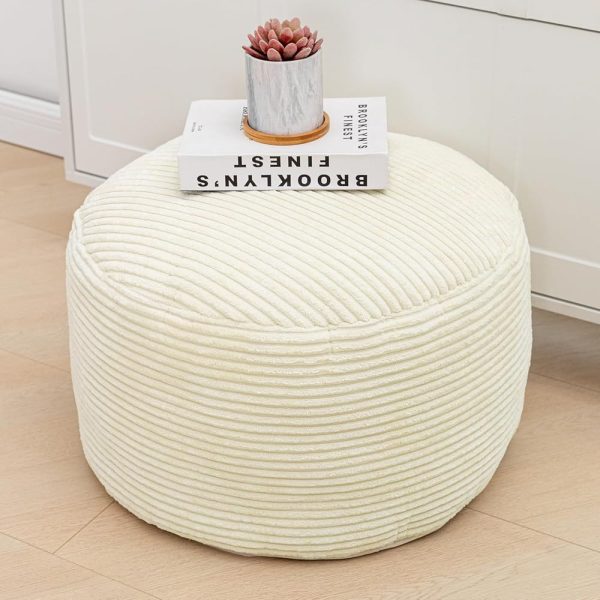 Pouf Ottoman Stuffed with PP Cotton Pouf Filler, Velvet Floor Pouf,Round Ottoman Foot Stool Cushion Storage Ottoman, 20 * 12 Inches Foot Rest for Living Room, Home Decor (Ivory)