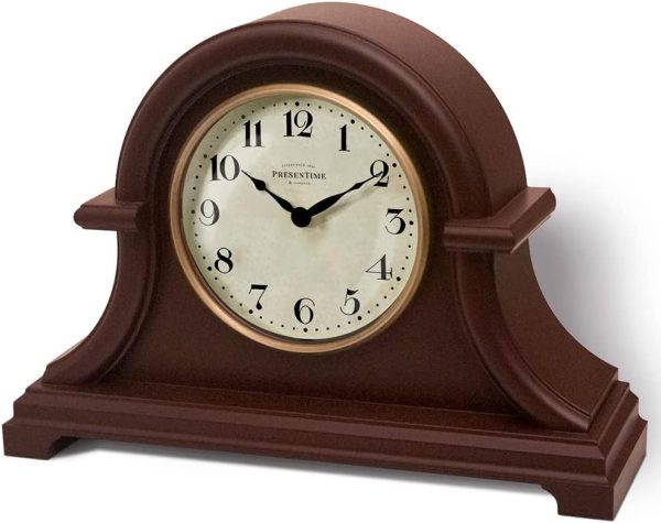 Presentime & Co. Vintage Farmhouse Mantel Clock Series, Napoleon Desk & Shelf Clock, 13 x 10 inch, Domed Lens, Quartz Movement, Walnut Brown Finish (Home Decoration/Tabletop...