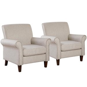 Prilinex Upholstered Living Room Chair Set of 2 - Large Comfy Fabric Accent Chair Single Sofa with Cushion, Rolled Armrest & Nailhead Trim, Mid Century Farmhouse Armchair for...