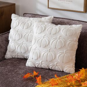 Pumpkin Fall Decorative Throw Pillow Covers 18"x18", Set of 2 Cream White Soft Faux Fur Pillow Covers for Autumn Harvest, Fluffy Plush Accent Pillow Cases for Farmhouse Couch...