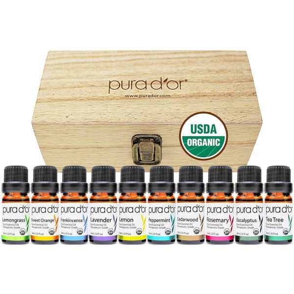 PURA D'OR ORGANIC Perfect10 Essential Oils Set - 10x 10mL Wood Box Aromatherapy Gift Set - 100% Pure Therapeutic Grade For Relaxation and Wellness (Lavender, Peppermint,...