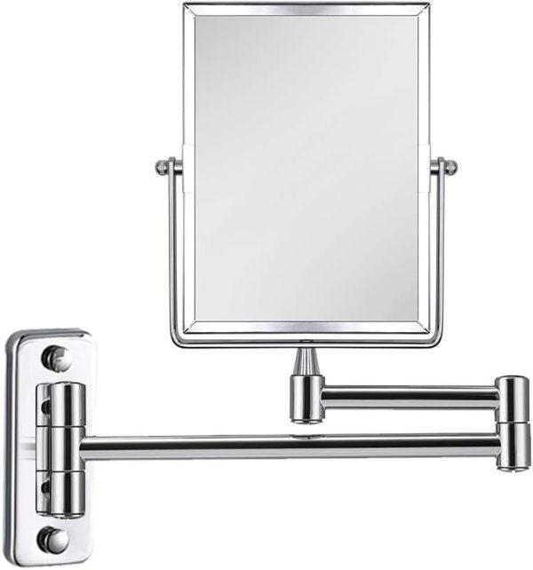 QiMH 3X Magnifying Wall Mounted Vanity Makeup Mirror | Rectangular 8x6 Inch with Extendable Arm | Polished Chrome Finish Double-Sided Swivel Mirror