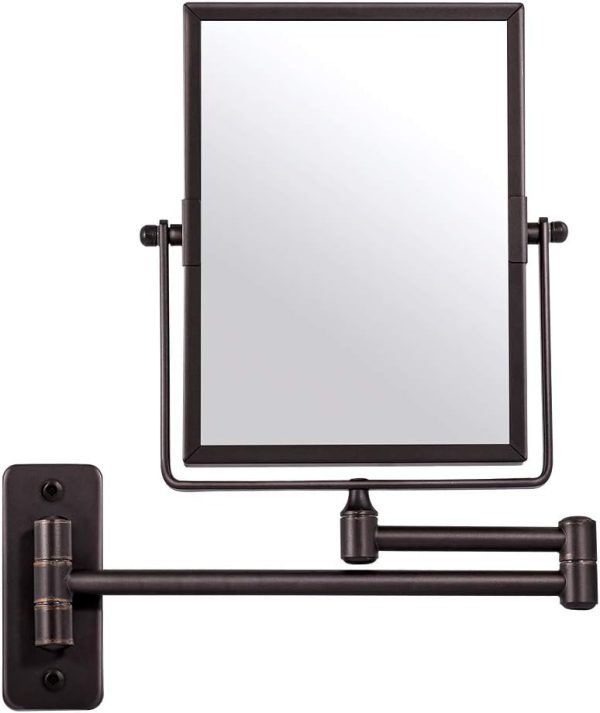 QiMH Wall Mounted Makeup Vanity Mirror, 8x6 Inch Rectangular 3X Magnifying with Extendable Arm, Bronze Double-Sided Swivel Mirror