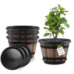 Quarut Plant Pots Set of 4 Pack 12 inch,Large Whiskey Barrel Planters with Drainage Holes & Saucer.Plastic Flower Pots Imitation Wine Barrel Design, for Indoor & Outdoor Garden...