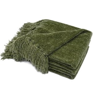 RECYCO Throw Blanket Soft Cozy Chenille Throw Blanket with Fringe Tassel for Couch Sofa Chair Bed Living Room Gift (Loden Green, 50'' x 60'')