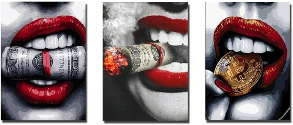 Red Lips Series: 【Luxury】-Spray Painting Core Modern Fashion Sexy Red Lips Nordic Style Room Decoration Painting Sofa Background HD Wall Painting Set of 3（11.8"X15.75")【No Fram