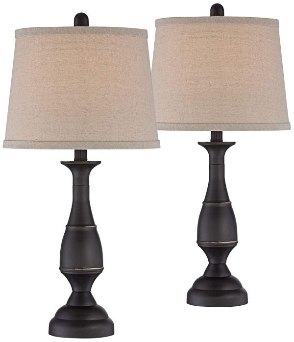 Regency Hill Ben Farmhouse Traditional Table Lamps 25" High Full Size Set of 2 Dark Bronze Brown Metal Beige Linen Drum Shade Decor for Living Room Bedroom House Bedside...