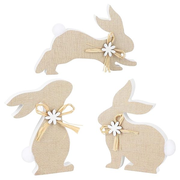 Retro Spring Farmhouse Decorations Indoor Wooden Bunnies Set, Cute Rabbit Blocks Tiered Tray Decor, Wood Bunny with Pom Poms Tail for The Home Table Desk Door Shelf (3 PCS)