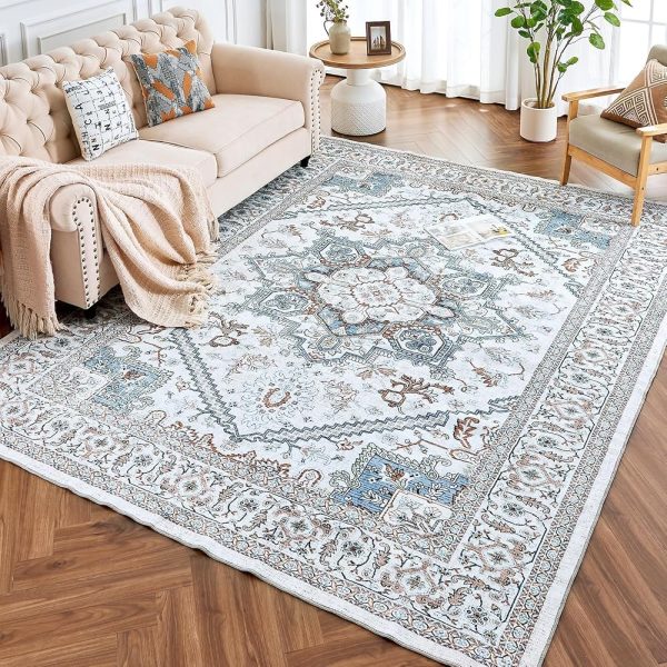 ROCYJULIN 5x7 Area Rugs for Living Room, Faux Wool Area Rugs 5x7 for Bedroom, Low-Pile 5x7 Area Rugs with Non-Slip TPR Backing, 5 x 7 Washable Carpet for High Traffic, Grey & Blue